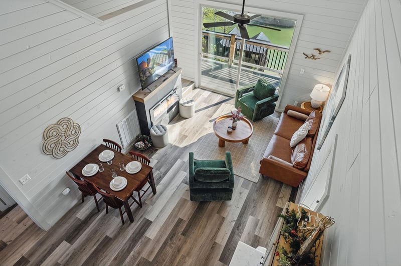 aerial view from loft of open concept living and dining room