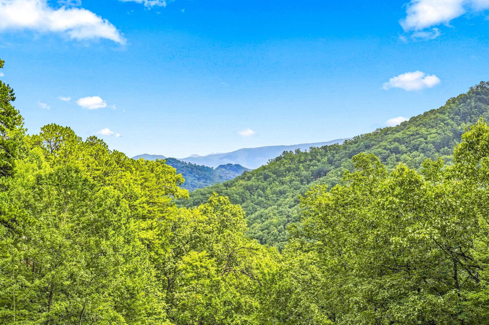 Rolling forested mountains stretch beneath a bright blue sky, capturing the natural beauty of the surrounding area.