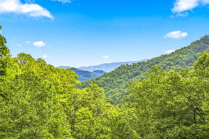 Rolling forested mountains stretch beneath a bright blue sky, capturing the natural beauty of the surrounding area.