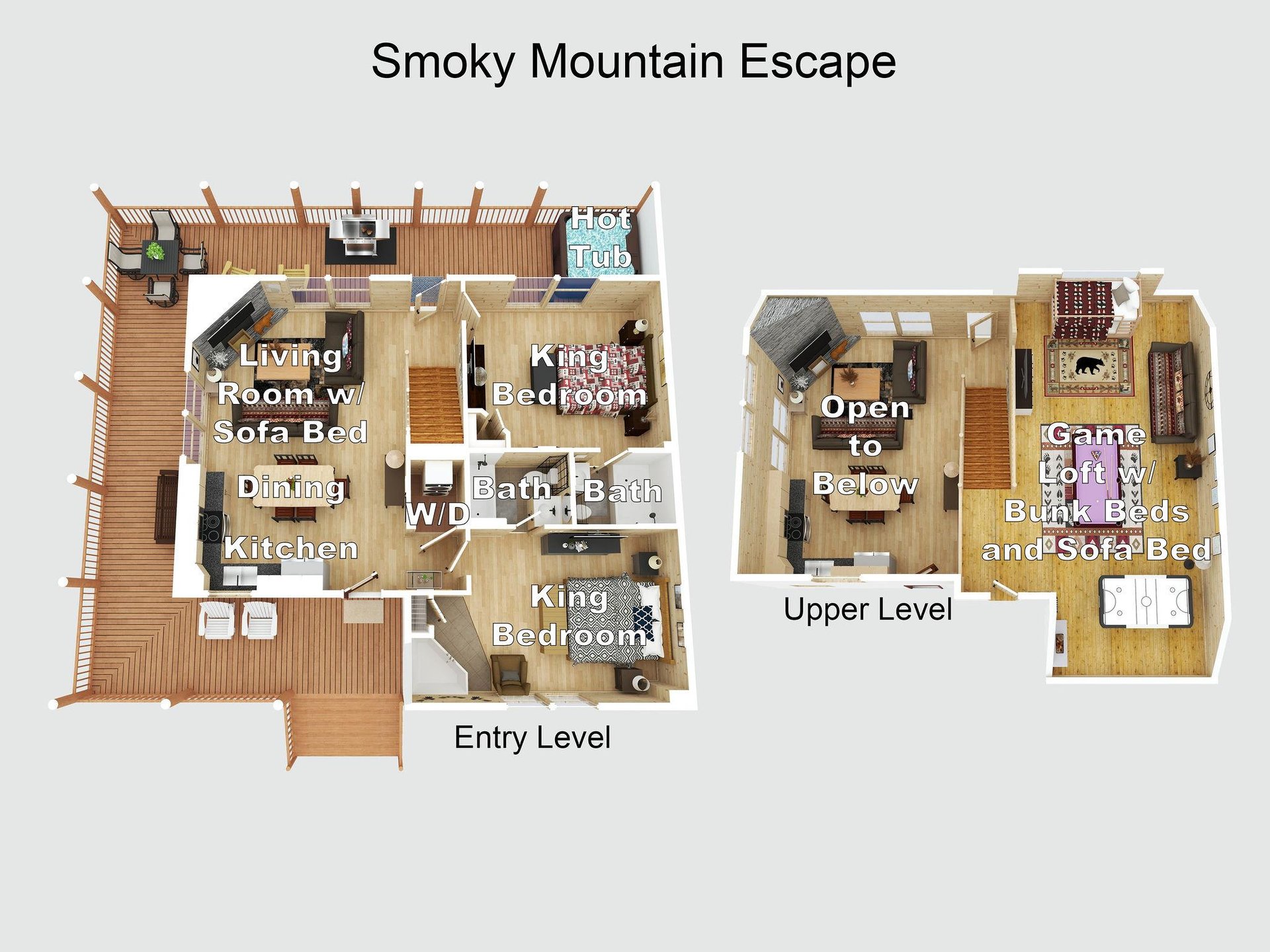 A detailed floor plan shows your spacious mountain retreat across two levels, featuring king bedrooms, open living areas, a hot tub deck, and a game loft with bunks—perfect for relaxing or entertainin