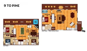 Clear floor plan showing multiple bedrooms, game room, hot tub, fireplace, and wraparound decks across two levels—perfect for visualizing your mountain retreat.