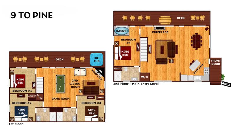 Clear floor plan showing multiple bedrooms, game room, hot tub, fireplace, and wraparound decks across two levels—perfect for visualizing your mountain retreat.