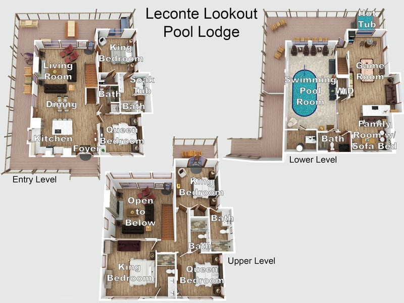 Threelevel lodge layout showcasing spacious bedrooms, modern amenities, and an indoor pool for your mountain getaway.