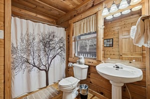 Step into your rustic cabin bathroom where warm wood walls create a cozy atmosphere for your refreshing morning routines.