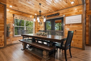 Gather your group around this rustic farmhouse table, where warm wood walls create an intimate setting for memorable meals together.