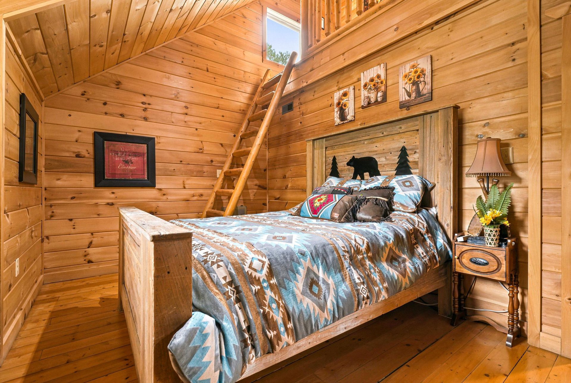 Drift off under warm wood beams and rustic charm, where handcrafted details and natureinspired touches create your perfect mountain retreat.