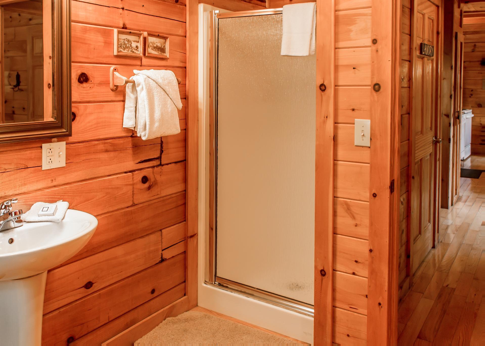 The full bathroom on the first floor features a shower stall and pedestal sink.