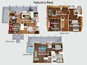Detailed floor plan showcasing your multilevel retreat with spacious bedrooms, game room, hot tub, and thoughtfully designed living spaces.