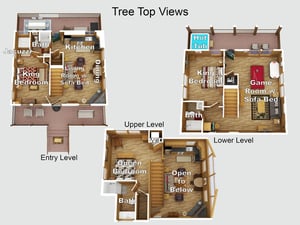 Threelevel home with living areas on each floor entry level with king bedroom and living room, upper level with king bedroom and game room, lower level with queen bedroom. Each level has its own bat