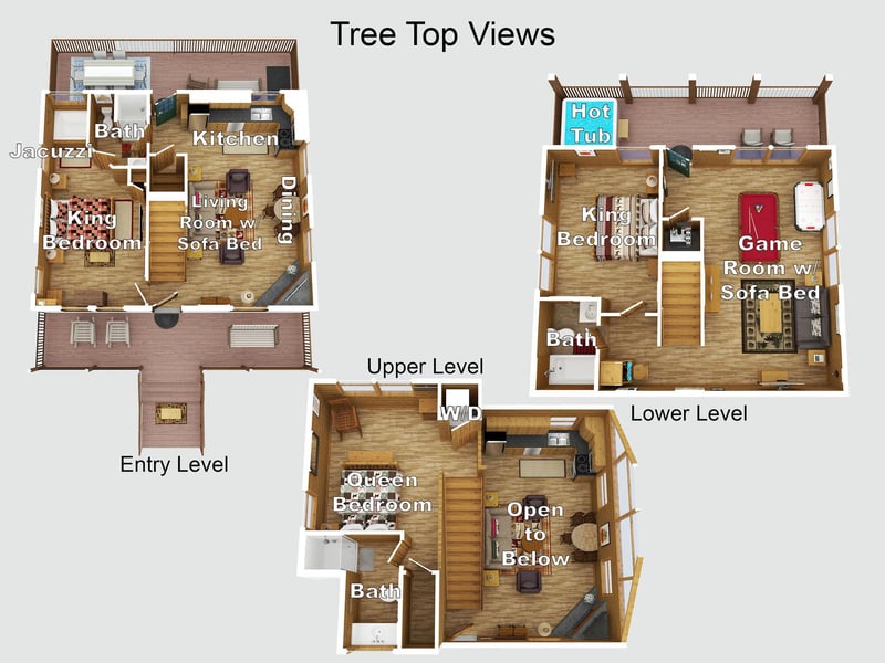Threelevel home with living areas on each floor entry level with king bedroom and living room, upper level with king bedroom and game room, lower level with queen bedroom. Each level has its own bat