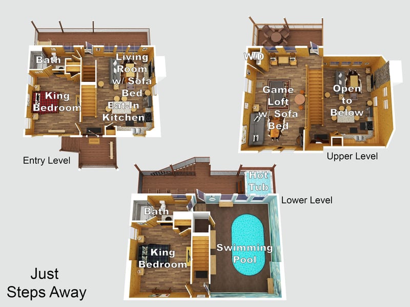 Spacious threelevel layout with king bedrooms, game loft, private pool, and hot tub for your perfect getaway.