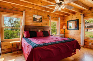 Rest easy in your charming cabin bedroom with warm wood walls, a plush bed, and windows framing peaceful views of the surrounding greenery.
