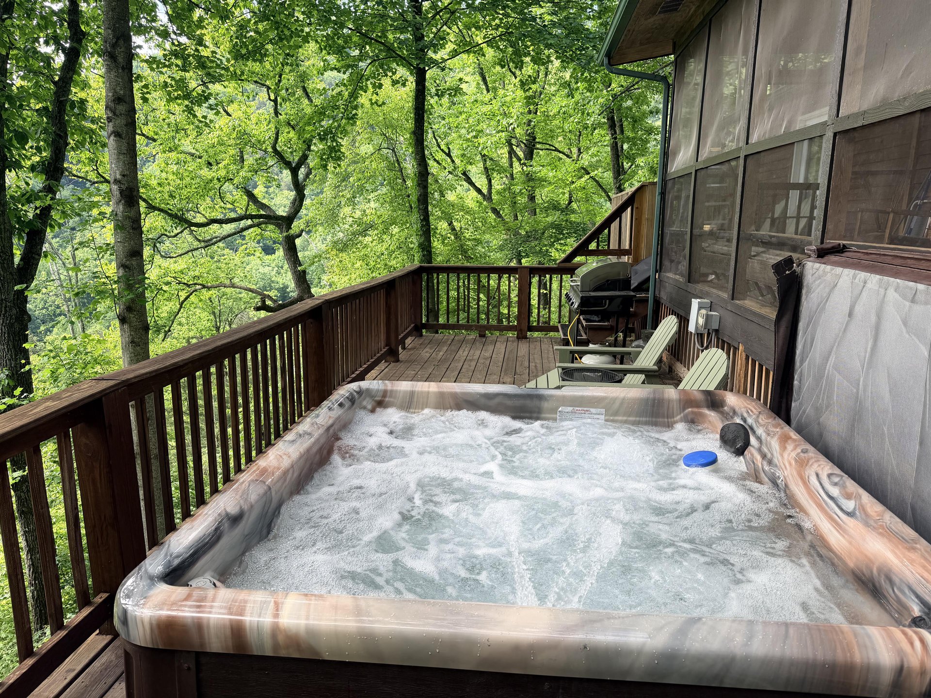 Soak in the bubbling hot tub on your private deck, surrounded by lush forest views. Perfect for unwinding after a day of mountain adventures.