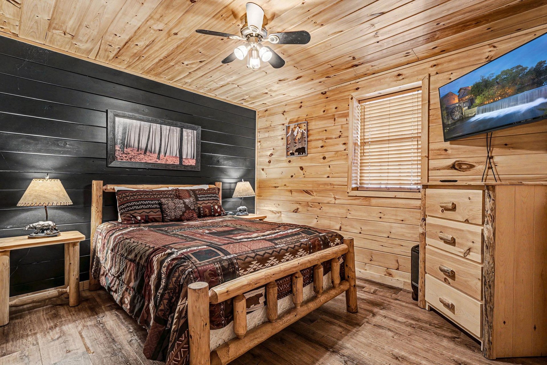 Your rustic bedroom retreat features handcrafted log furniture and cozy cabin charm, perfect for peaceful mountain getaway dreams.