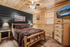 Your rustic bedroom retreat features handcrafted log furniture and cozy cabin charm, perfect for peaceful mountain getaway dreams.