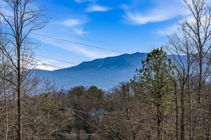 Stunning mountain backdrop frames this peaceful valley setting, with rolling hills and natural forest creating a serene countryside atmosphere.