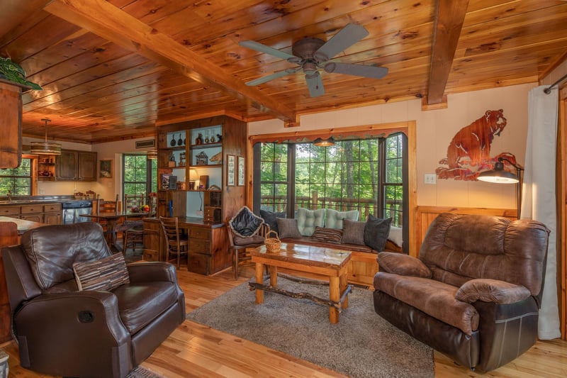 Chairs, sofa, and coffee table in the living roomat Hidden Pleasure, a 1bedroom cabin rental located in Gatlinburg