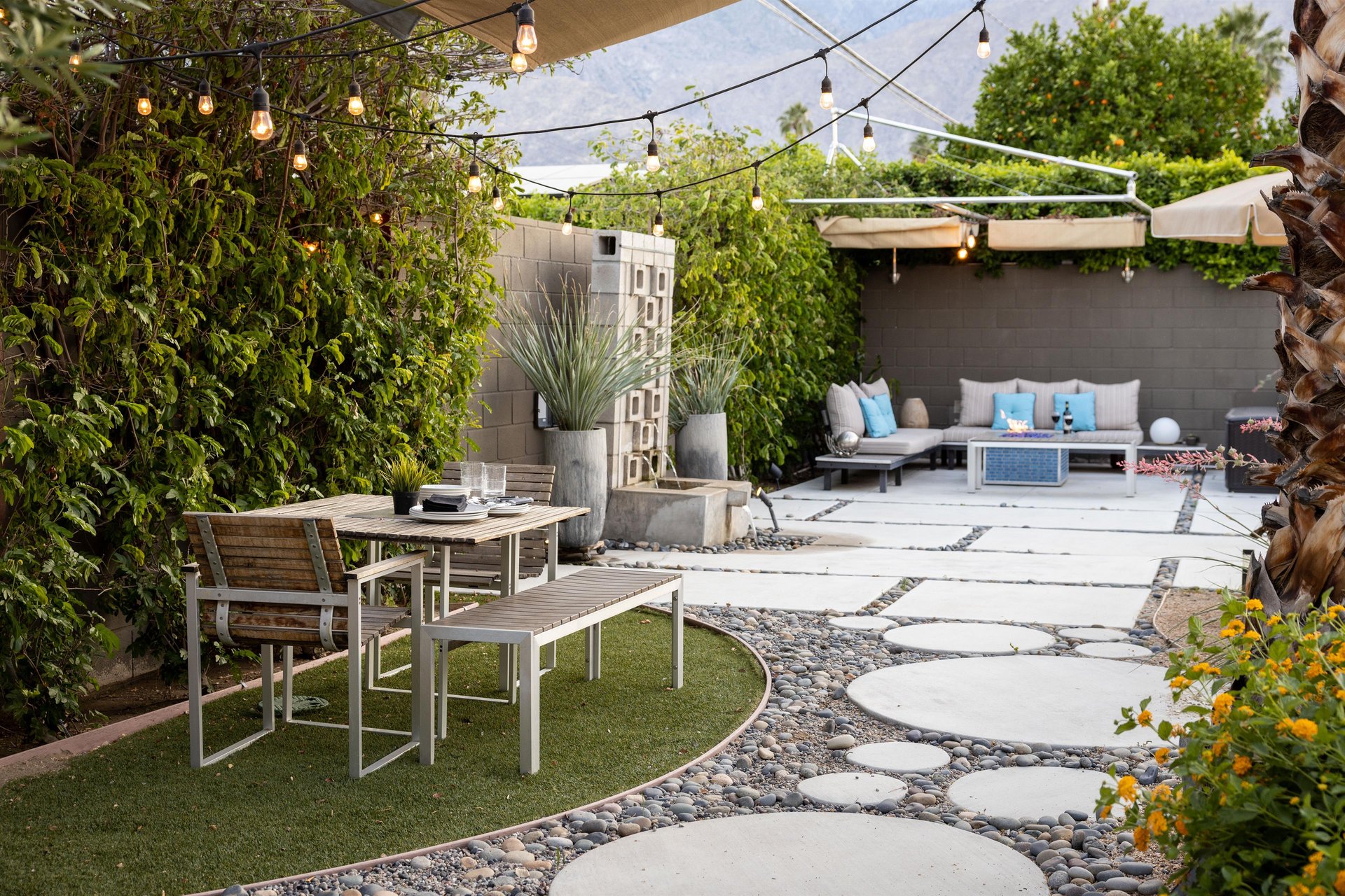 Multiple shaded outdoor seating areas