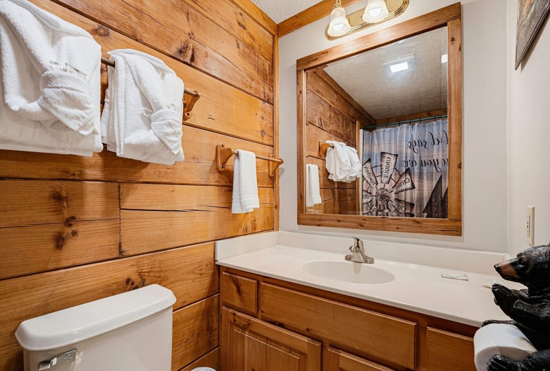 Your cozy bathroom features warm woodpaneled walls and fresh white towels, creating a rustic yet comfortable retreat after a day of adventure.
