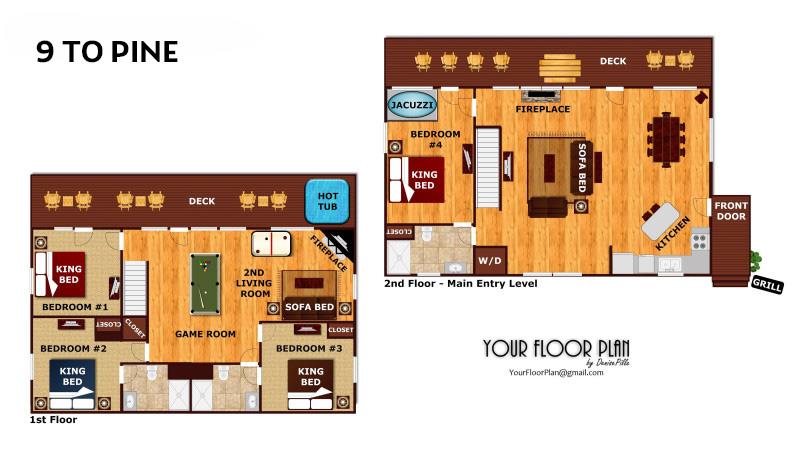 This detailed floor plan shows your spacious multilevel cabin with four bedrooms, hot tub, game room, and deck spaces.