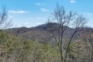 Rolling mountain vistas showcase the natural beauty surrounding the property area with scenic forested hills and clear blue skies.