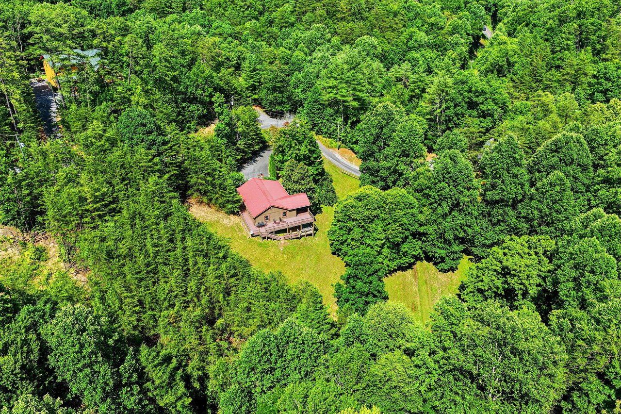 An aerial view captures a charming cabin with a red roof nestled in dense forest, offering complete privacy surrounded by lush green woodland and winding access roads.
