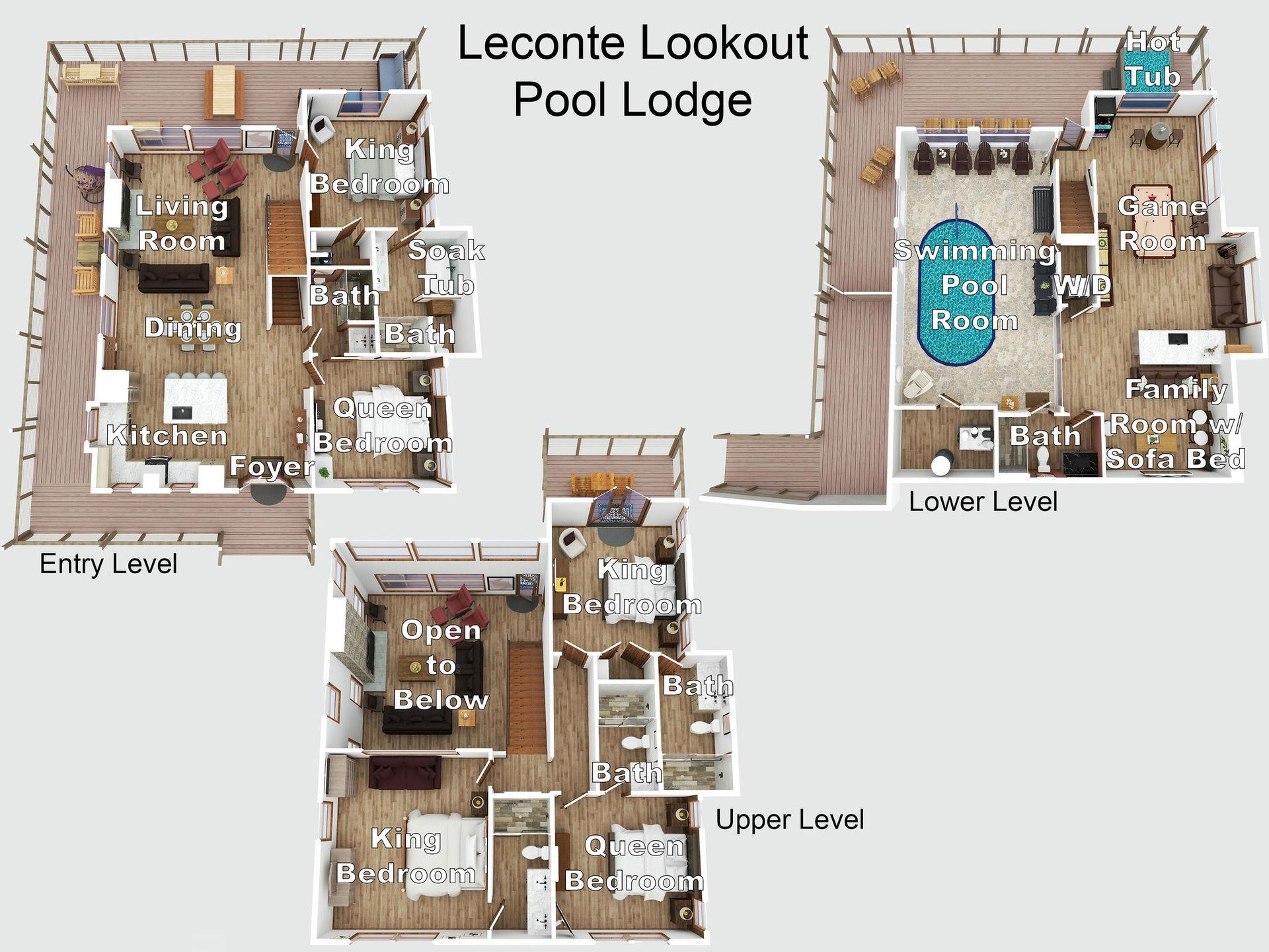 Threelevel lodge layout showcasing spacious bedrooms, modern amenities, and an indoor pool for your mountain getaway.