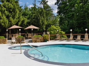 A refreshing outdoor pool area framed by mature trees, offering sunbeds and shaded seating alongside a relaxing hot tub in a peaceful, natural setting.