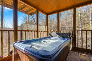 Soak in your private hot tub while enjoying panoramic forest views from this enclosed porch sanctuary.