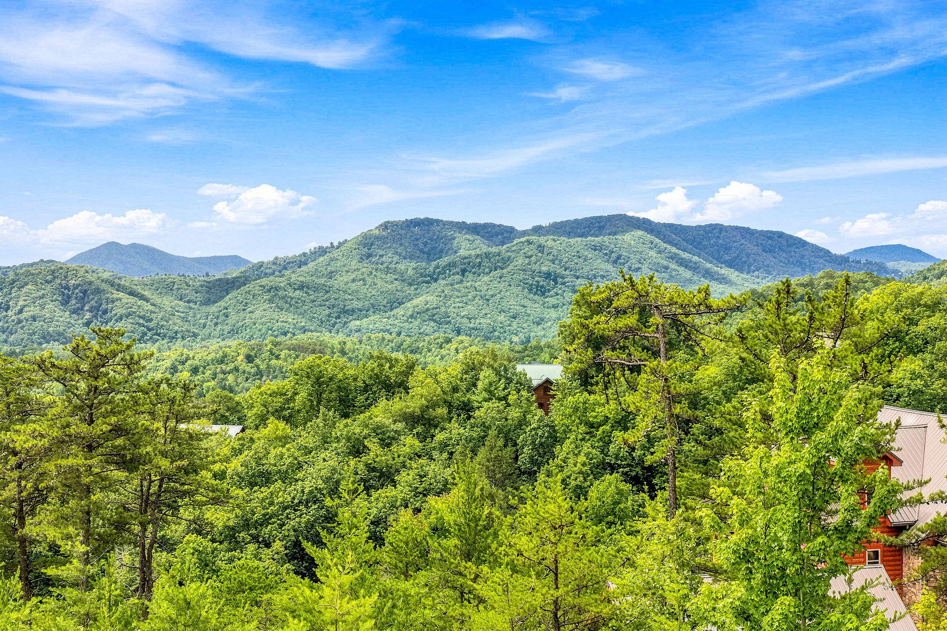 Mountain ridges rise in layers against a bright blue sky, with lush green forest spreading below—the peaceful backdrop of the surrounding area.