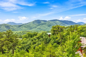 Mountain ridges rise in layers against a bright blue sky, with lush green forest spreading below—the peaceful backdrop of the surrounding area.