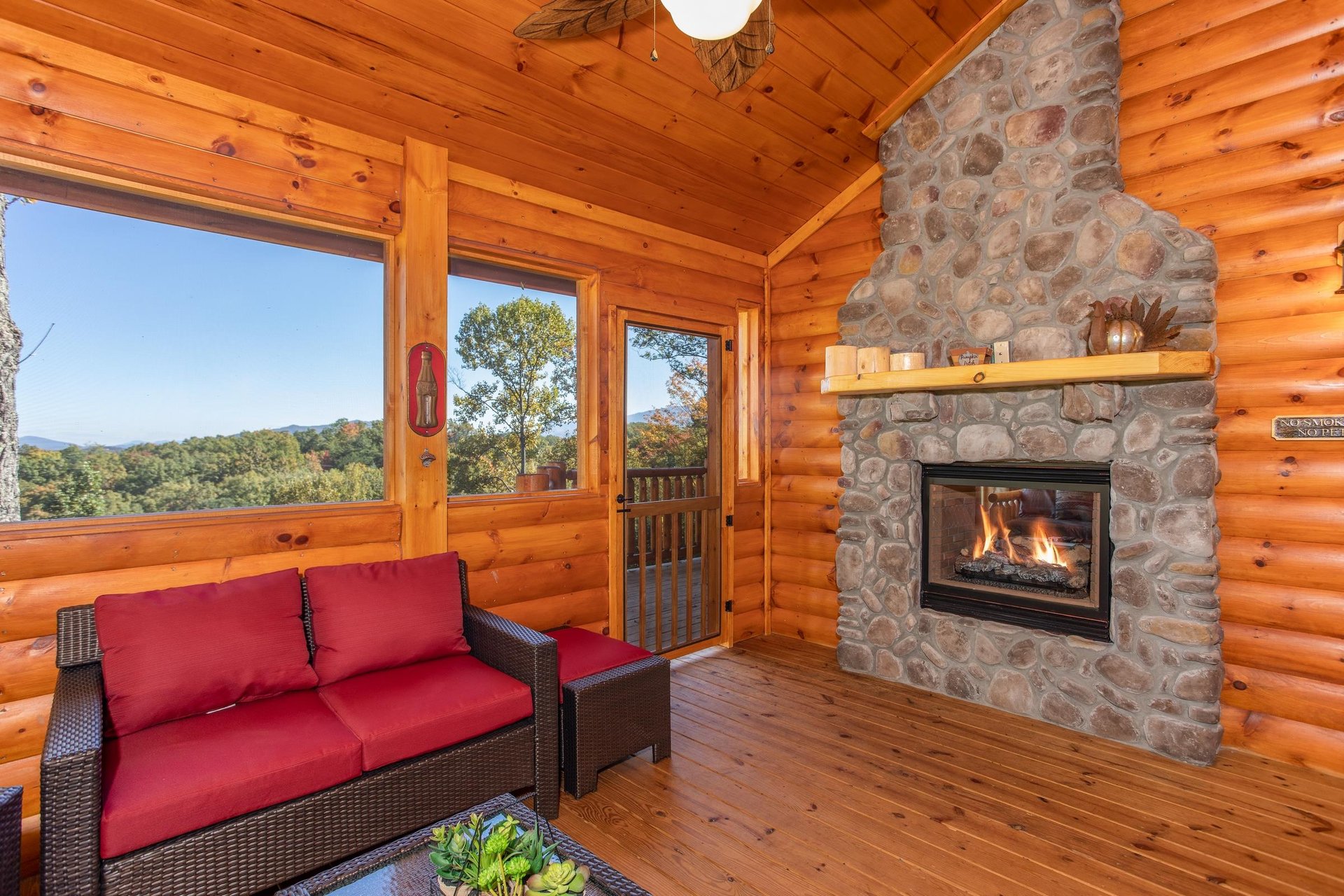 Outdoor furniture with stone fireplace