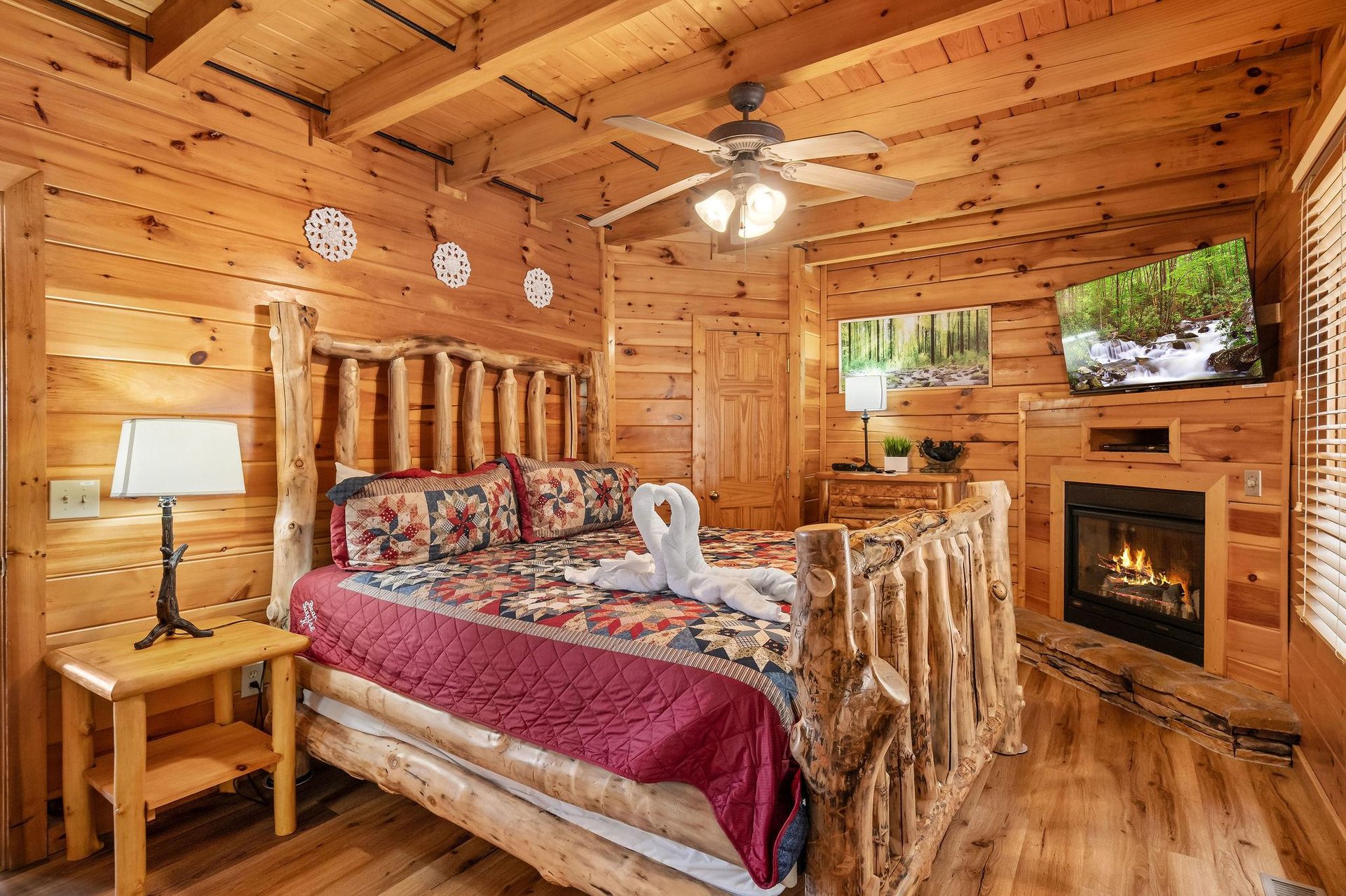 King bed and fireplace