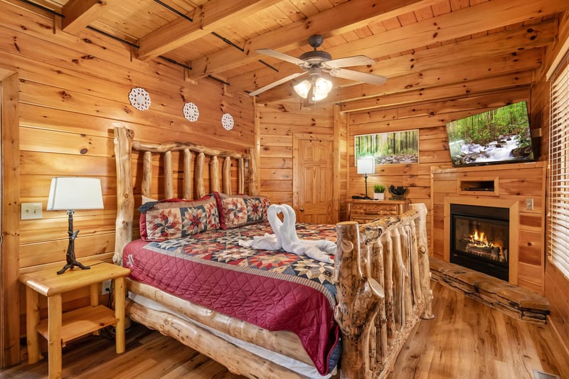 King bed and fireplace