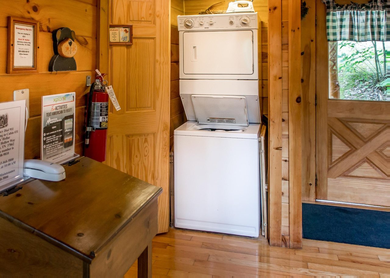 The cabin includes a washer and dryer.