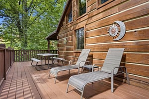 Relax on your private deck surrounded by towering trees. Two lounge chairs invite morning coffee or evening stargazing, with a picnic table ready for al fresco meals in this peaceful forest setting.