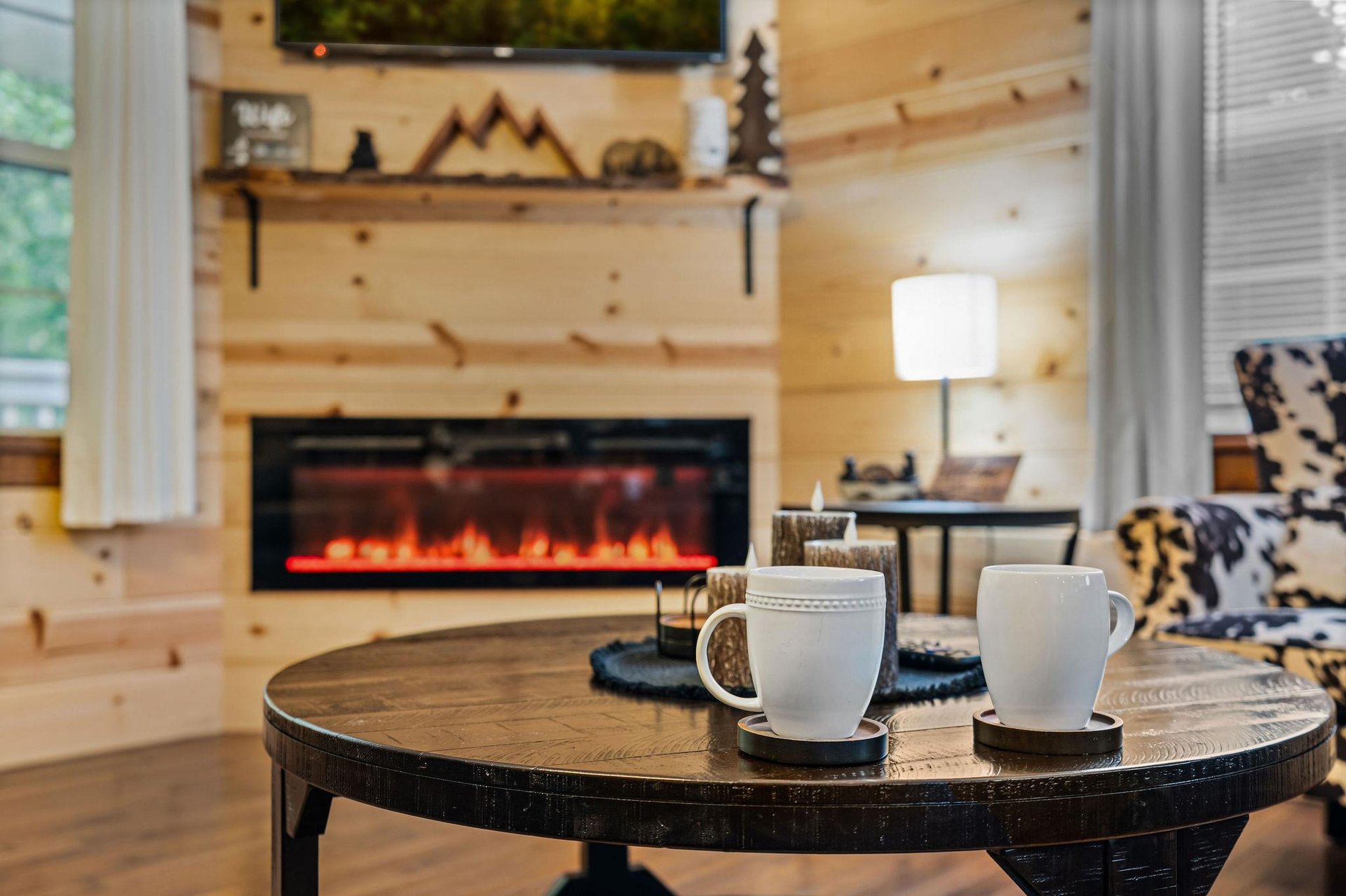 coffee table and fireplace