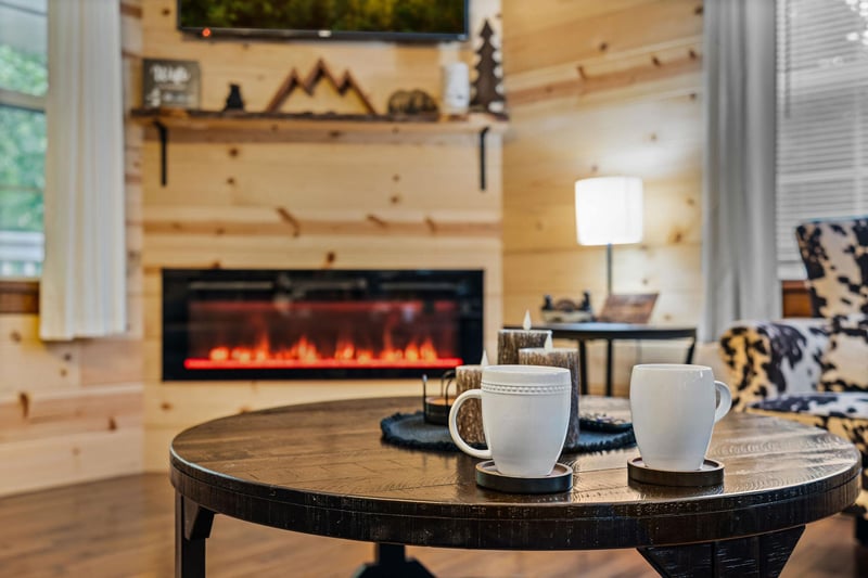 coffee table and fireplace