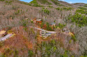 Aerial view of vacation rental properties nestled in the rolling mountains, surrounded by natural forest landscape and seasonal foliage.