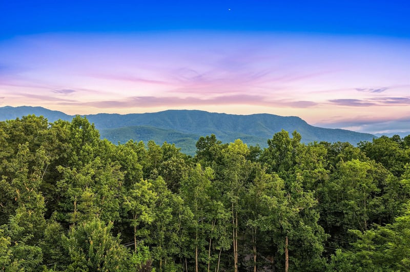 Stunning mountain panorama rising above lush forests, showcasing the natural beauty and peaceful surroundings near the property at sunrise or sunset.
