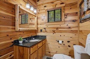 Relax in your charming log cabin bathroom, where rustic knotty pine walls create a cozy retreat with modern granite countertops and mountain views.