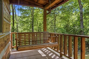 Gently sway on this covered porch swing surrounded by lush forest views—your perfect spot to sip morning coffee or unwind as sunlight filters through the canopy.
