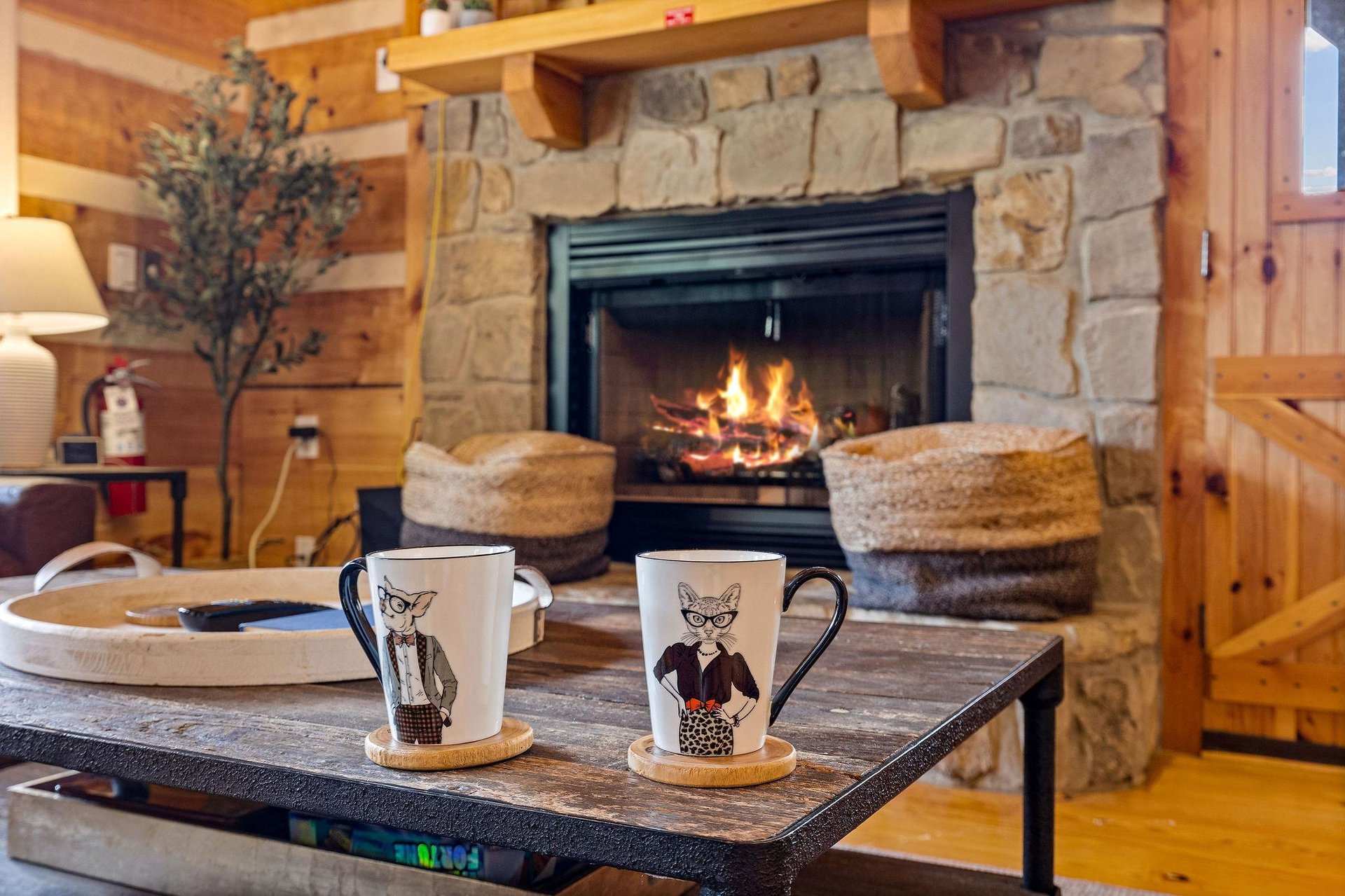 Living room stone fireplace and coffee table