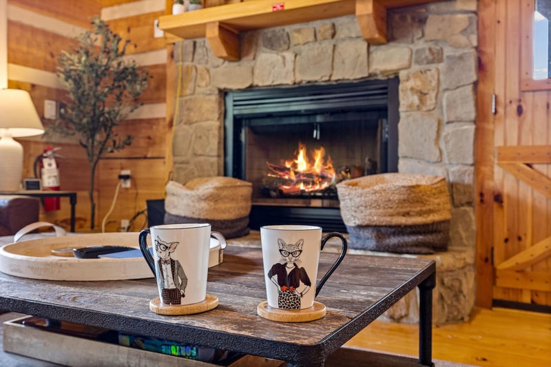 Living room stone fireplace and coffee table