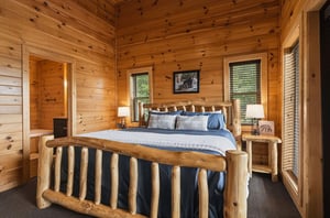 Wrap yourself in the warmth of natural wood as you sink into this handcrafted log bed. Soft blue linens and rustic bear artwork create a cozy mountain retreat where restful sleep comes naturally.