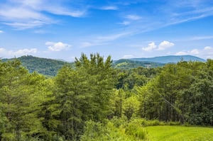 A stunning mountain panorama unfolds across layers of forested hills, showcasing the breathtaking natural beauty surrounding the property. This view is captured during a bright summer day.