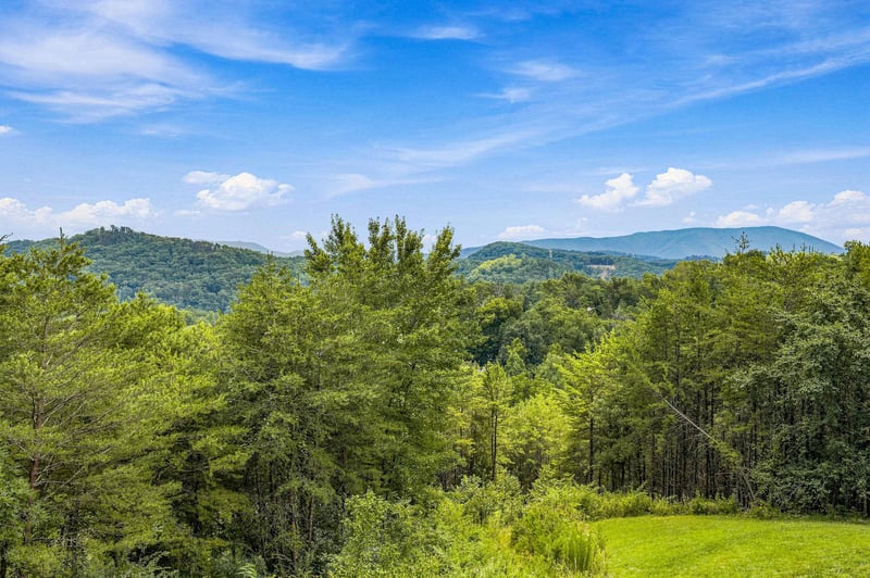 A stunning mountain panorama unfolds across layers of forested hills, showcasing the breathtaking natural beauty surrounding the property. This view is captured during a bright summer day.