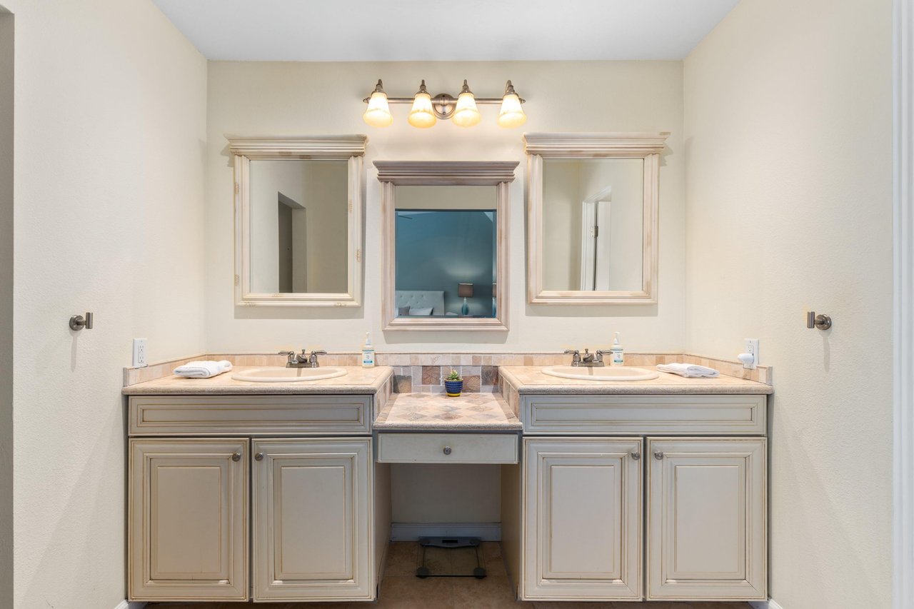 Includes dual vanity sinks.