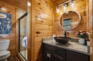 Step into your private retreat with warm wood walls, a sleek vessel sink, and soft lighting that creates a cozy, spalike atmosphere for unwinding after a day of adventure.