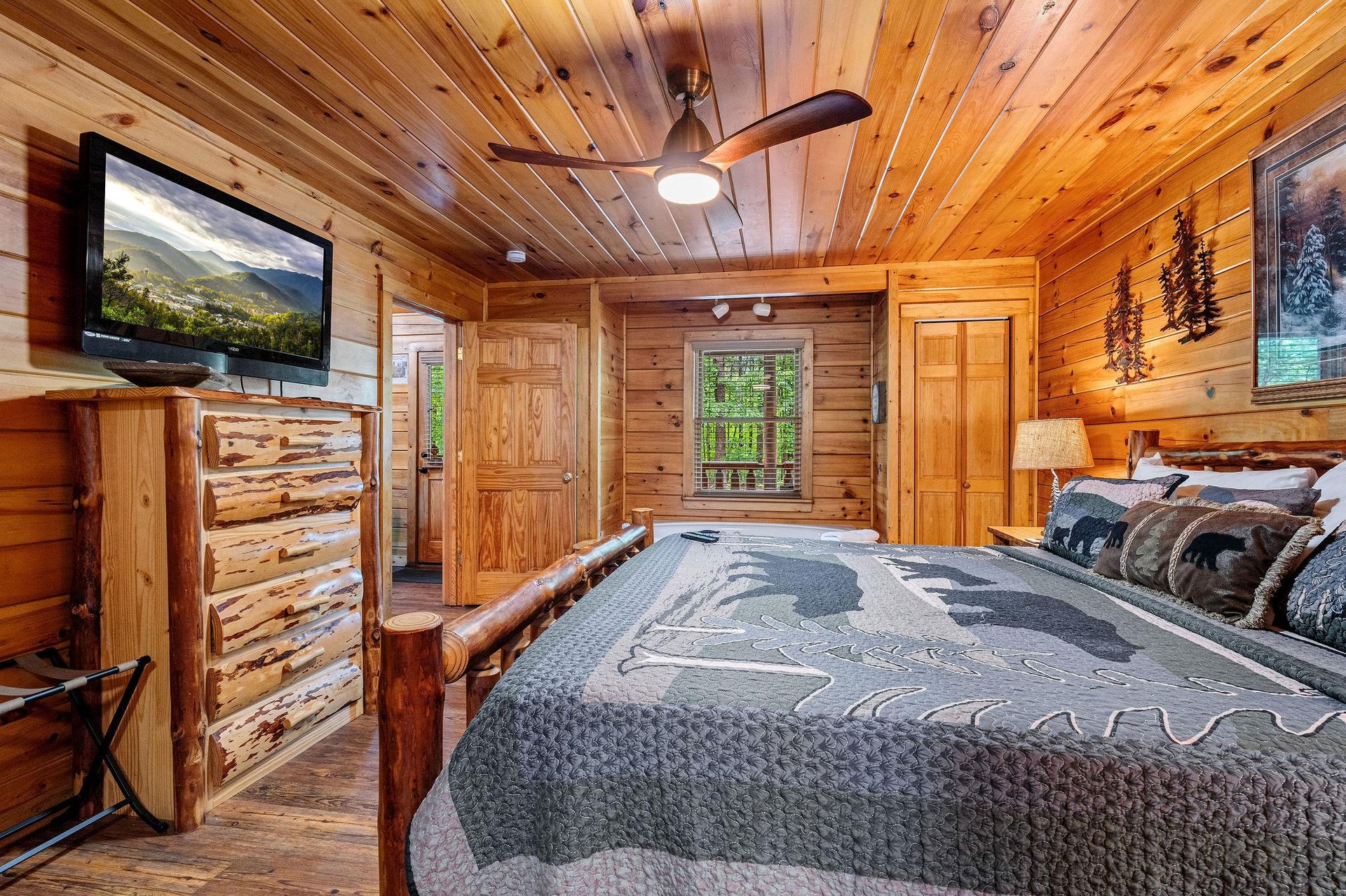 king bed, dresser, TV and view